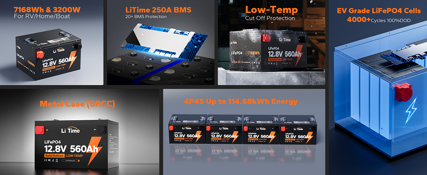 LiTime 12V 560Ah 250A Low Temp BMS LiFePO4 Lithium Battery For